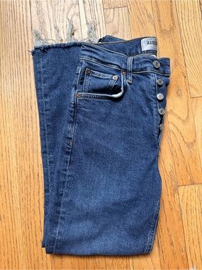 Agolde Riley Crop Dark Blue High-Rise Button-Fly Jeans with Frayed Hem